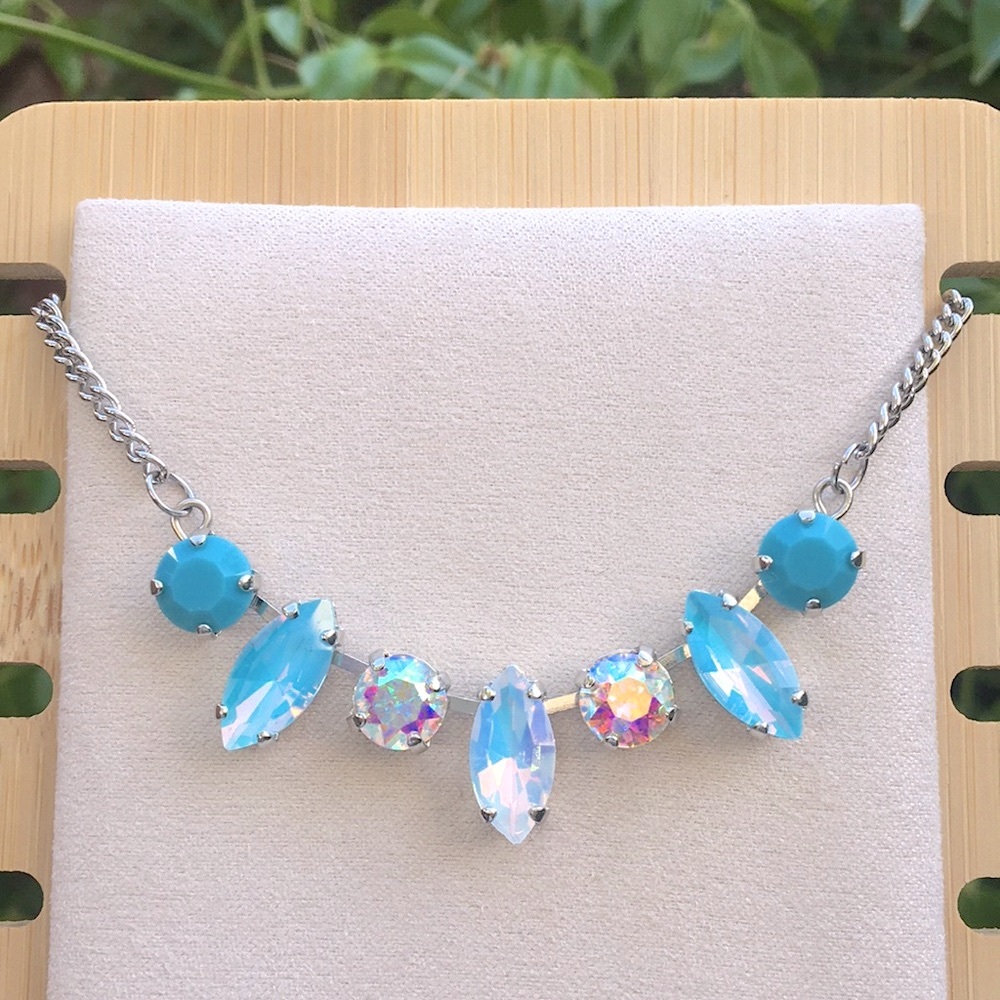 Turquoise, White + Aquamarine Aurora Borealis Opal Crystal + Silver Necklace - Picture 6 of 6